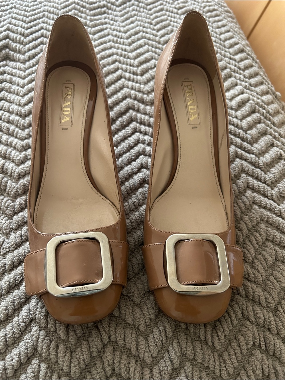 Prada Patent Leather Buckle Pumps in Tan